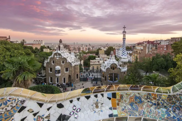 Framed Print : Park Guell with city skyline behind at sunset, Barcelona, Catalonia, Spain Framed Print : Park Guell with city skyline behind at sunset, Barcelona, Catalonia, Spain