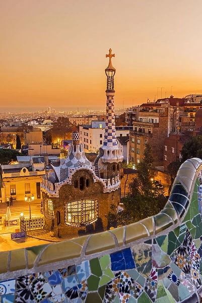 Park Guell with city skyline behind at sunset, Barcelona, Catalonia, Spain