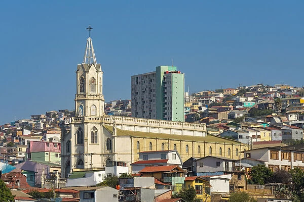 Parroquia Las Carmelitas church and high-rise residential building in background, Valparaiso, Valparaiso Province, Valparaiso Region, Chile