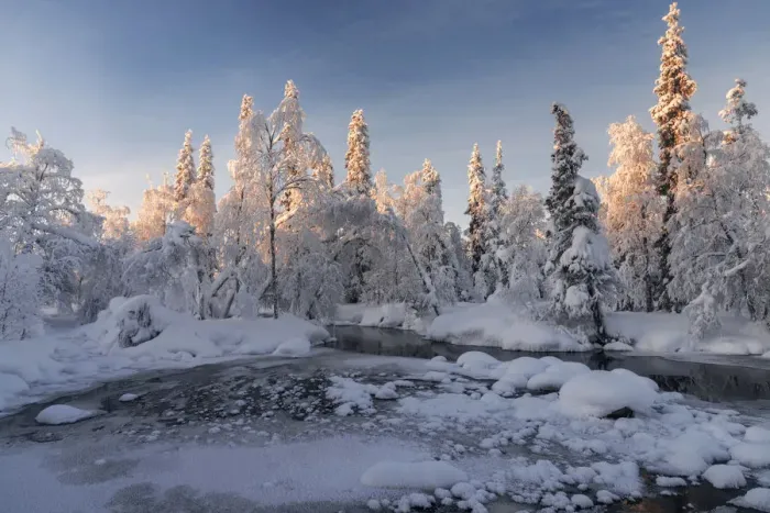 Framed Print : Partly frozen river in Akasmylly, Yllastunturi National Park, Lapland, Finland