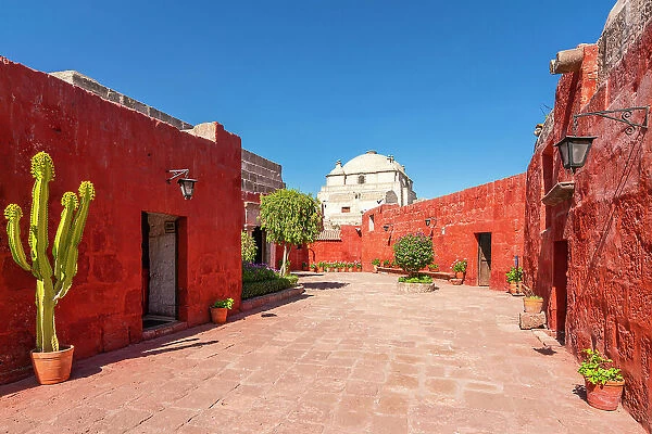 Passageway with red wall at Monastery of Santa Catalina de Siena, UNESCO, Arequipa, Arequipa Province, Arequipa Region, Peru