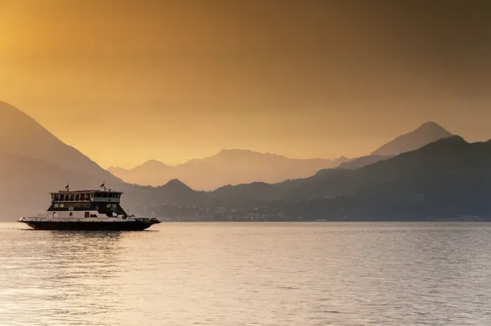 Framed Print : Passenger ferry on Lake Como at sunset, Varenna, Lombardy, Italy Framed Print : Passenger ferry on Lake Como at sunset, Varenna, Lombardy, Italy