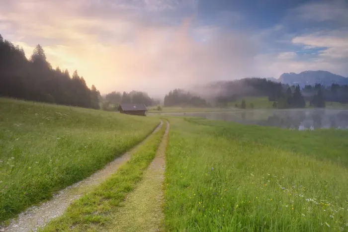Framed Print : Path at lake Geroldsee at sunrise, near Mittenwald, Werdenfelser Land, Bavaria, Germany