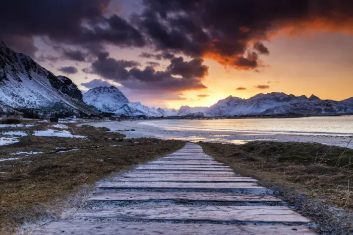 Framed Print : Path Leading to Ramberg Beach at Sunset, Lofoten Islands, Norway Framed Print : Path Leading to Ramberg Beach at Sunset, Lofoten Islands, Norway
