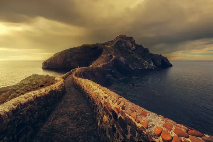 Framed Print : Pathway to San Juan de Gatzelugaxte at sunset, Basque Country, Spain Framed Print : Pathway to San Juan de Gatzelugaxte at sunset, Basque Country, Spain