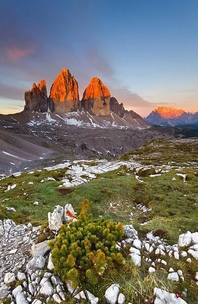 Three peaks of Lavaredo, Dolomites, Italy. The early morning colors the three peaks