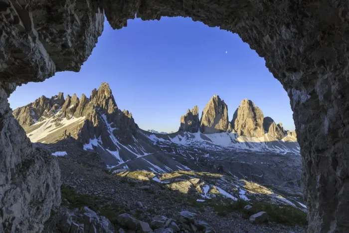 Framed Print : The Three Peaks of Lavaredo seen from a cave