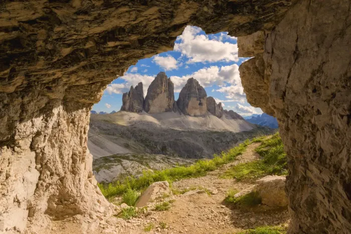 Framed Print : Three peaks of Lavaredo views from a cave, Bolzano Province, Trentino Alto Adige, Italy Framed Print : Three peaks of Lavaredo views from a cave, Bolzano Province, Trentino Alto Adige, Italy
