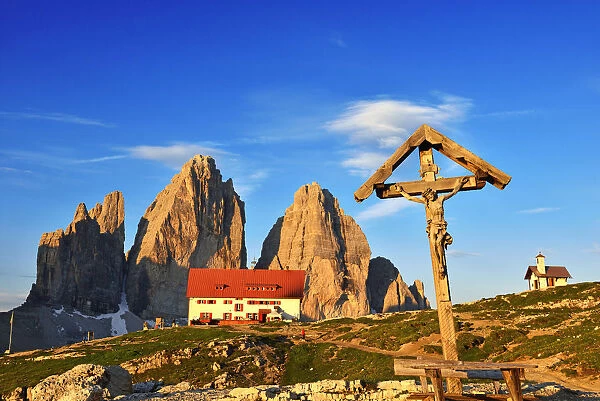 Three Peaks with Three Peaks Lodge and Jesus at the crossroads, Sexten Dolomites