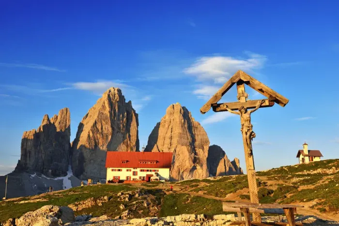 Framed Print : Three Peaks with Three Peaks Lodge and Jesus at the crossroads, Sexten Dolomites Framed Print : Three Peaks with Three Peaks Lodge and Jesus at the crossroads, Sexten Dolomites