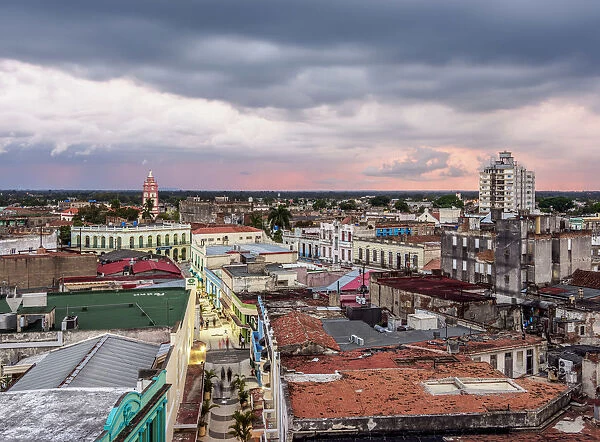 Pedestrian Calle Maceo and Old Town at sunset, elevated view, Camaguey, Camaguey Province