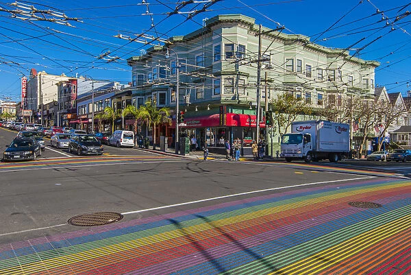 Pedestrian crossing with rainbow flag colors strips in Castro Street, San Francisco