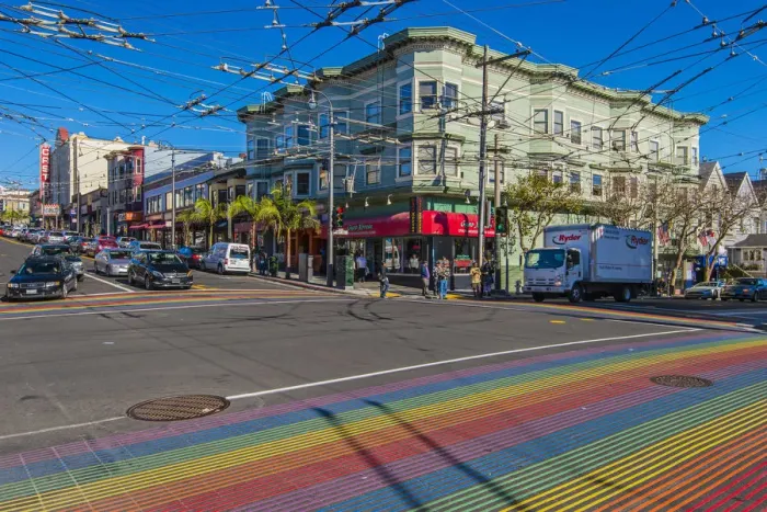 Framed Print : Pedestrian crossing with rainbow flag colors strips in Castro Street, San Francisco
