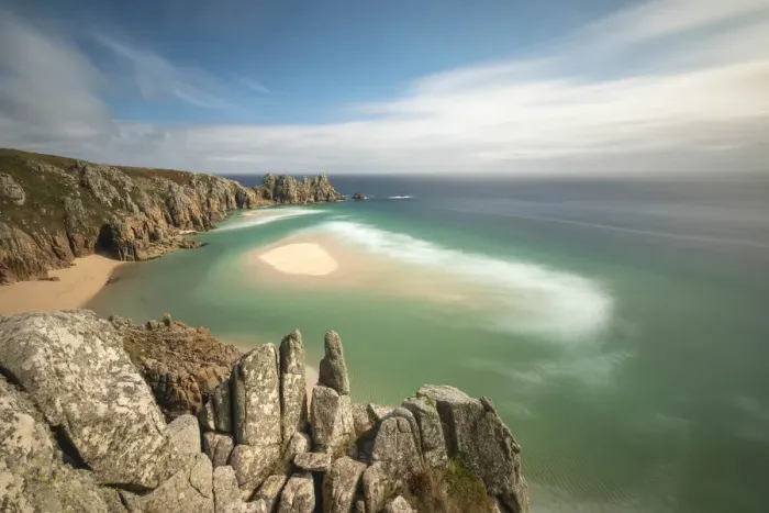 Framed Print : Pedn Vounder Beach and Logan Rock, Porthcurno, Cornwall, England, UK