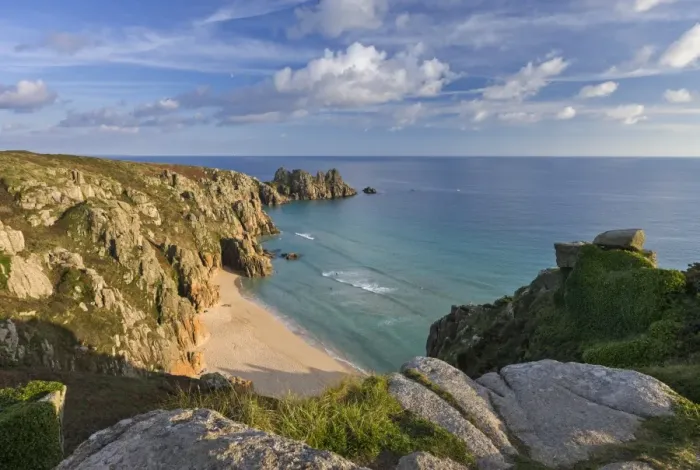 Framed Print : Pednvounder beach and Logan Rock from Treen Cliff, Cornwall, England