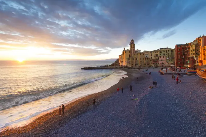 Framed Print : People on the beach and seafront. Camogli, Liguria, Italy Framed Print : People on the beach and seafront. Camogli, Liguria, Italy