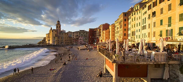 People on the beach and seafront. Camogli, Liguria, Italy