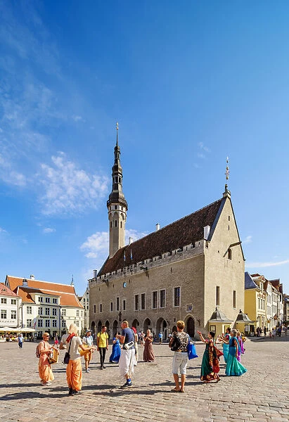 People Dancing and Singing in front of the Town Hall at Raekoja plats, Old Town Market Square, Tallinn, Estonia