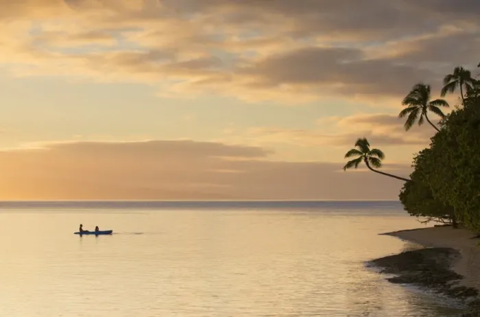 Framed Print : People kayaking at sunset, Leleuvia Island, Lomaiviti Islands, Fiji
