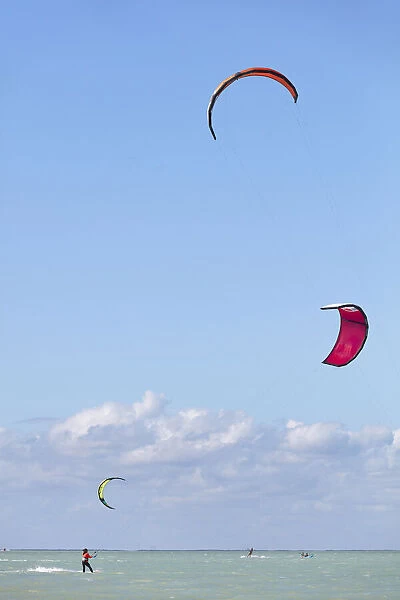 People practice kitesurfing on the island of Holbox, Quintana Roo, Yucatan, Mexico