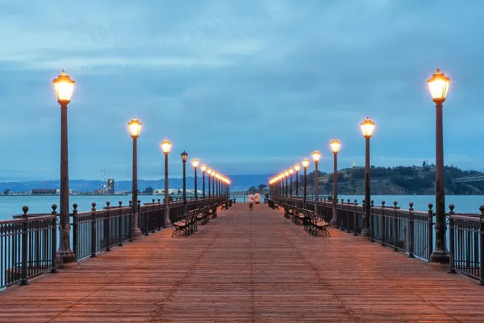 Framed Print : People walking at illuminated Pier 7 during twilight, San Francisco, San Francisco Peninsula, San Francisco Bay Area, California, USA