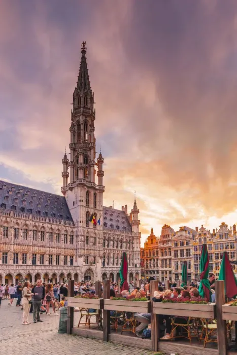 Framed Print : People walking and sitting in restaurants in the Grand Place in Brussels with the Town Framed Print : People walking and sitting in restaurants in the Grand Place in Brussels with the Town