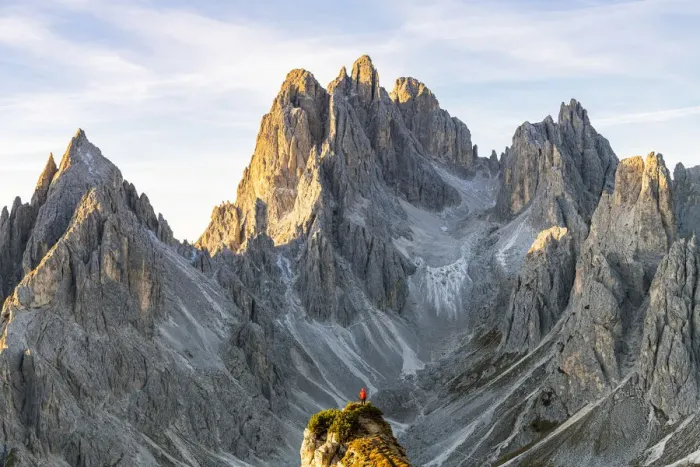 Framed Print : Person admires the Cadini di Misurina mountain range, Auronzo di Cadore, Belluno, Veneto