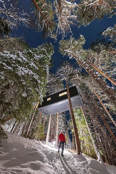 Person admiring the cabin room shaped like a capsule among tall trees in the snowy forest, Tree Hotel, Harads, Lapland, Sweden
