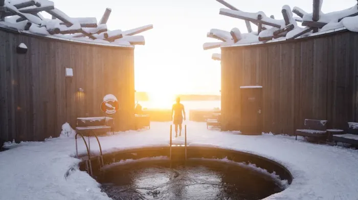 Framed Print : Person approaching the cold bath pool at sunset, Arctic Bath Spa and wellness Hotel, Harads, Lapland, Sweden Framed Print : Person approaching the cold bath pool at sunset, Arctic Bath Spa and wellness Hotel, Harads, Lapland, Sweden