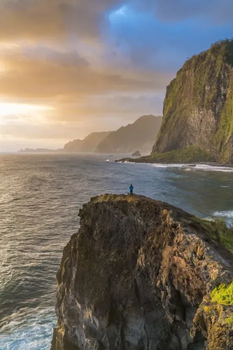 Framed Print : Person on a cliff watching the sunrise. Faial, Santana municipality, Madeira Island Framed Print : Person on a cliff watching the sunrise. Faial, Santana municipality, Madeira Island