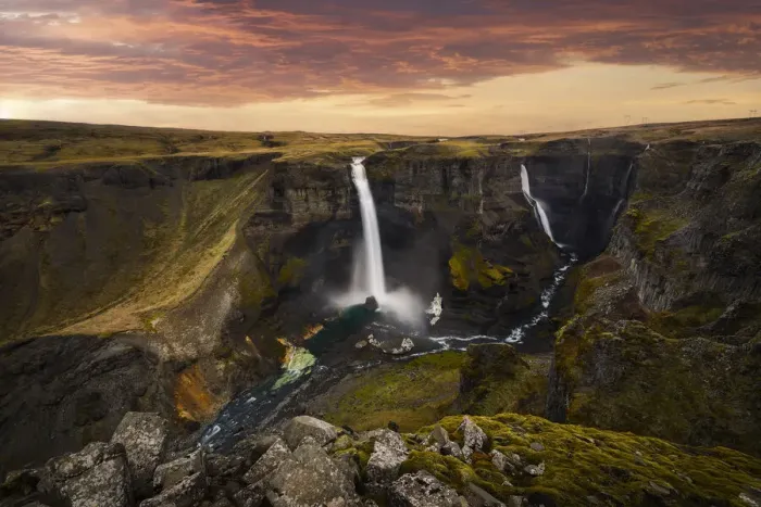 Framed Print : Person at Hifoss waterfall during summer at sunset, Fossa river, Iceland Framed Print : Person at Hifoss waterfall during summer at sunset, Fossa river, Iceland