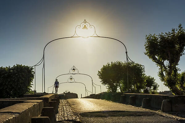 Person Walking over Bridge, Carcassonne, Languedoc, France