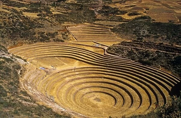 Peru, Andes, Cordillerra Urubamba, Urubamba, Moray. Striking Inca terraces - believed to have been a kind of crop nursey - fill an amphitheatre-like bowl in the hills