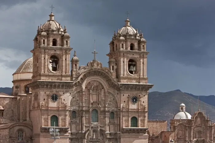 Framed Print : Peru, The magnificent baroque fazade of Iglesia de la Compania de Jesus church, Cusco, Plaza de Armas. Originally built by the Jesuits, 1651 Framed Print : Peru, The magnificent baroque fazade of Iglesia de la Compania de Jesus church, Cusco, Plaza de Armas. Originally built by the Jesuits, 1651