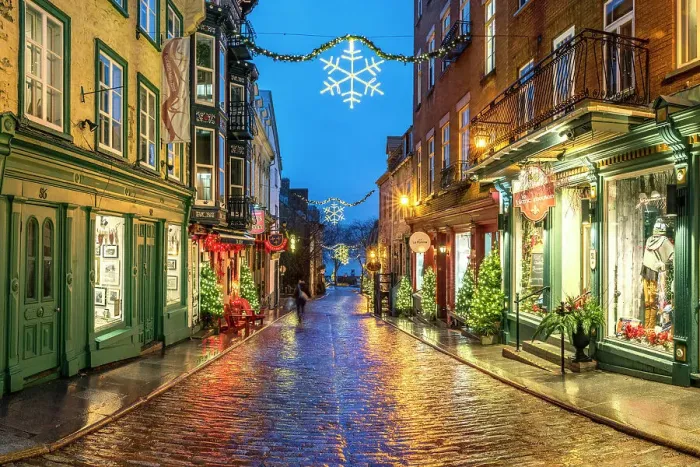 Framed Print : Petit Champlain, Rue Sous Le Fort with rain and colorful Light Reflections, Old Quebec City, Quebec, Canada