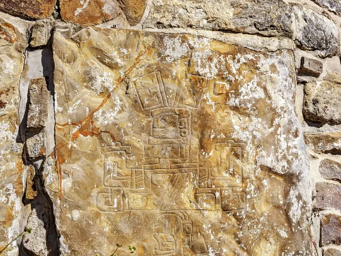 Framed Print : Petroglyphed rock, detailed view, Monte Alban Archaeological Site, Oaxaca State, Mexico
