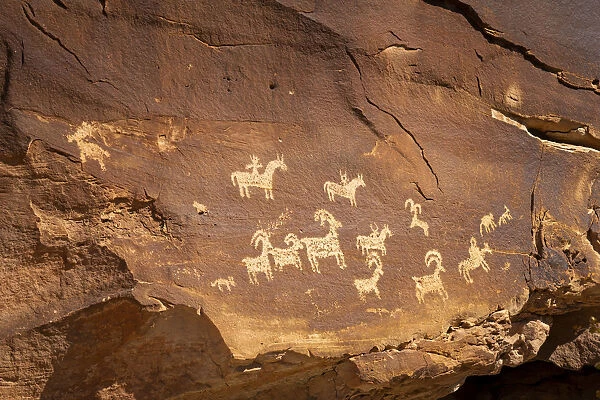 Detail of petroglyphs on rock face, Arches National Park, Utah, USA