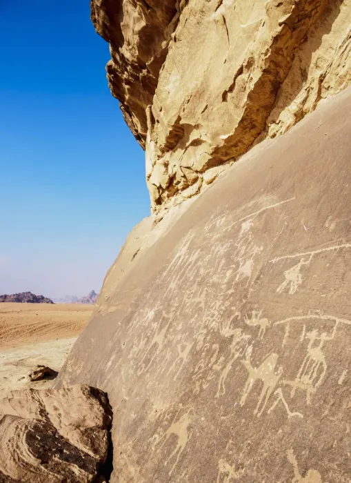 Framed Print : Petroglyphs at Wadi Rum, Aqaba Governorate, Jordan