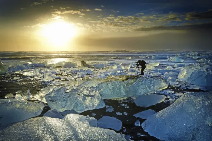 Framed Print : Photographer on Jokulsarlon Beach at Sunrise, Iceland Framed Print : Photographer on Jokulsarlon Beach at Sunrise, Iceland