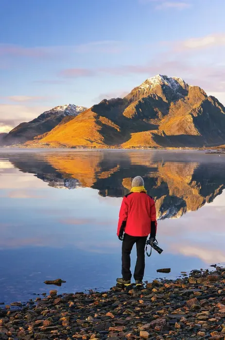 Framed Print : A photographer observes mountains and rorbuer in a Fjord during sunset, Leknes, Vestvagoy, Nordland, Lofoten Islands, Norway (MR) Framed Print : A photographer observes mountains and rorbuer in a Fjord during sunset, Leknes, Vestvagoy, Nordland, Lofoten Islands, Norway (MR)