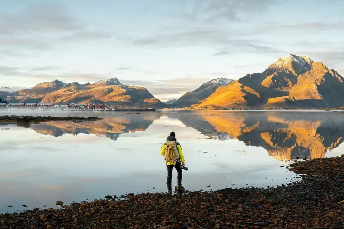 Framed Print : A photographer observes mountains and rorbuer in a Fjord during sunset, Leknes, Vestvagoy, Nordland, Lofoten Islands, Norway (MR) Framed Print : A photographer observes mountains and rorbuer in a Fjord during sunset, Leknes, Vestvagoy, Nordland, Lofoten Islands, Norway (MR)