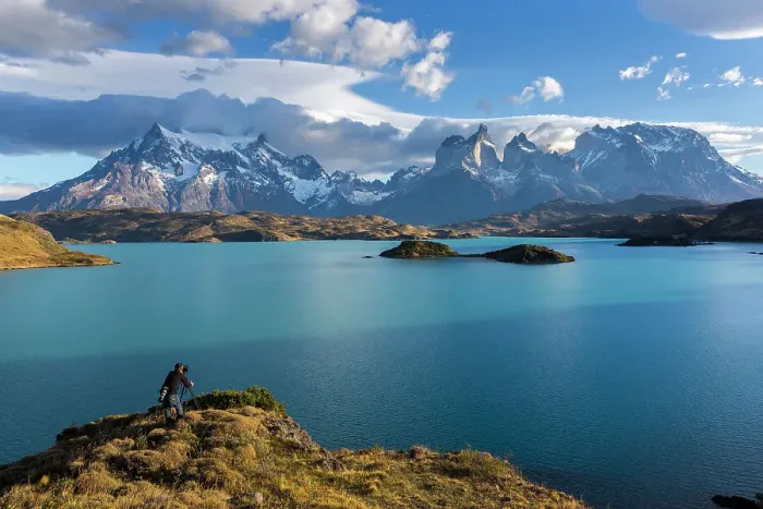 Framed Print : Photographer shooting Cuernos del Paine and Lake Pehoe, Torres del Paine National Park, Patagonia, Chile Framed Print : Photographer shooting Cuernos del Paine and Lake Pehoe, Torres del Paine National Park, Patagonia, Chile