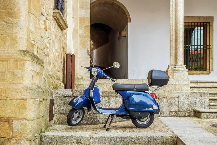 Framed Print : Piaggio Vespa scooter parked, Trujillo, Extremadura, Spain Framed Print : Piaggio Vespa scooter parked, Trujillo, Extremadura, Spain