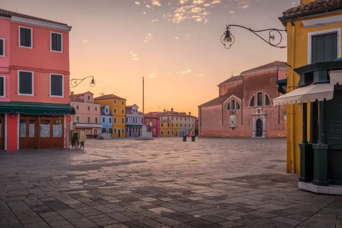 Framed Print : Piazza Baldassarre Galuppi at dawn, Burano, Venice, Veneto, Italy Framed Print : Piazza Baldassarre Galuppi at dawn, Burano, Venice, Veneto, Italy