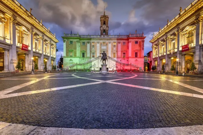 Framed Print : Piazza del Campidoglio with Palazzo Senatorio illuminated with the colors of the Italian Framed Print : Piazza del Campidoglio with Palazzo Senatorio illuminated with the colors of the Italian