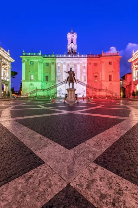 Framed Print : Piazza del Campidoglio with Palazzo Senatorio illuminated with the colors of the Italian Framed Print : Piazza del Campidoglio with Palazzo Senatorio illuminated with the colors of the Italian