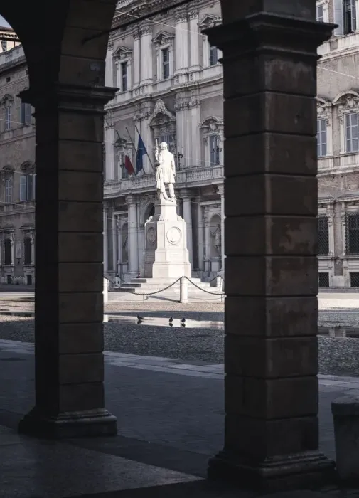 Framed Print : Piazza Roma, iconic square in Modena old town, with. Ciro Menotti statue Modena