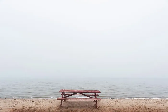 Framed Print : Picnic table on beach in fog St. Joseph's Island, Ontario, Canada