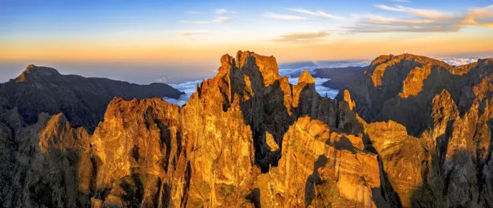 Framed Print : Pico das Torres and Pico do Arieiro mountains lit by sunset, aerial view, Madeira island Framed Print : Pico das Torres and Pico do Arieiro mountains lit by sunset, aerial view, Madeira island