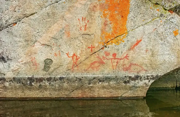 Framed Print : Pictographs on rock cliffs of Blindfold Lake Kenora DIstrict, Ontario, Canada